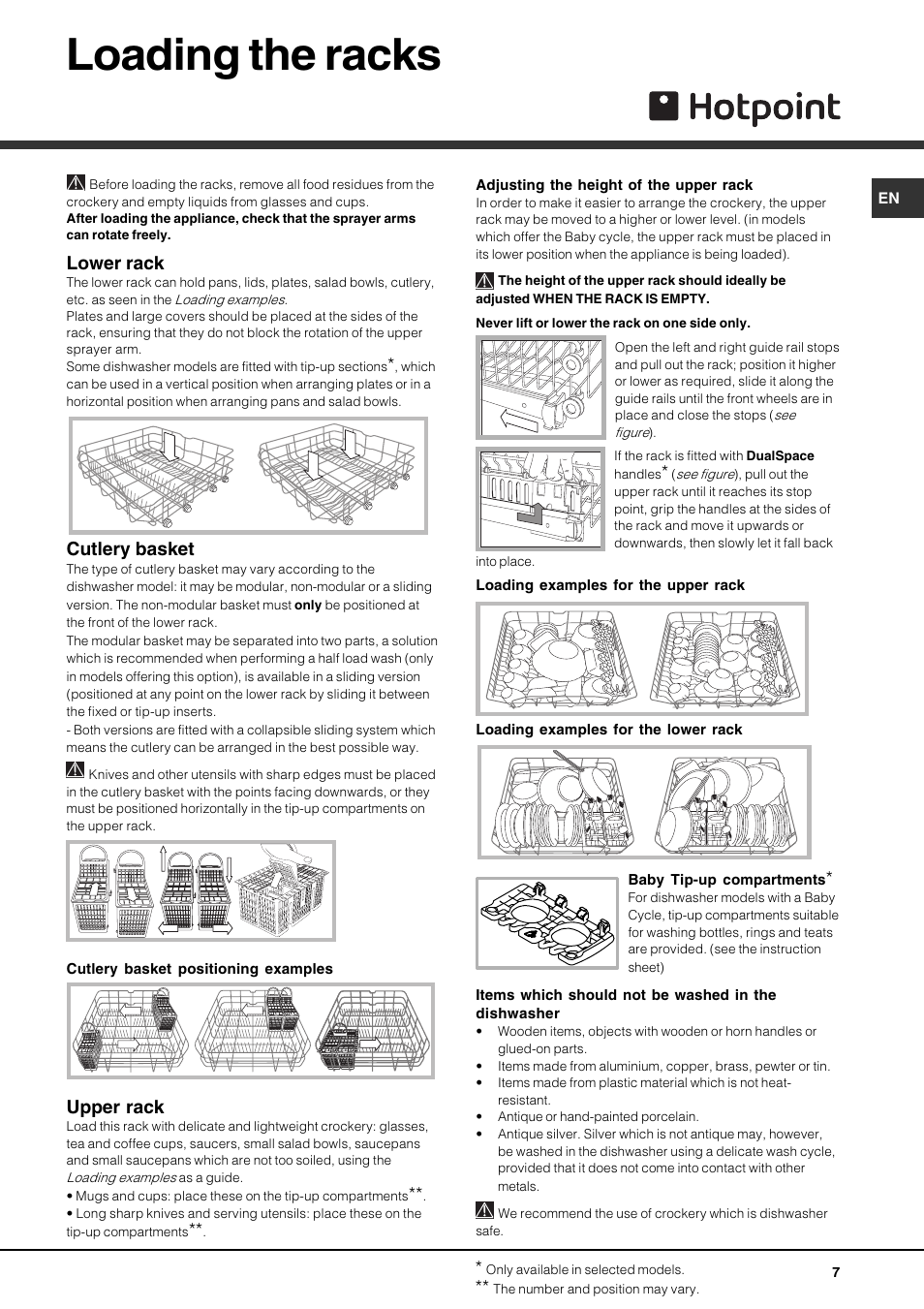 Loading the racks, Lower rack, Cutlery basket | Upper rack | Hotpoint LFT 321 User Manual | Page 7 / 20