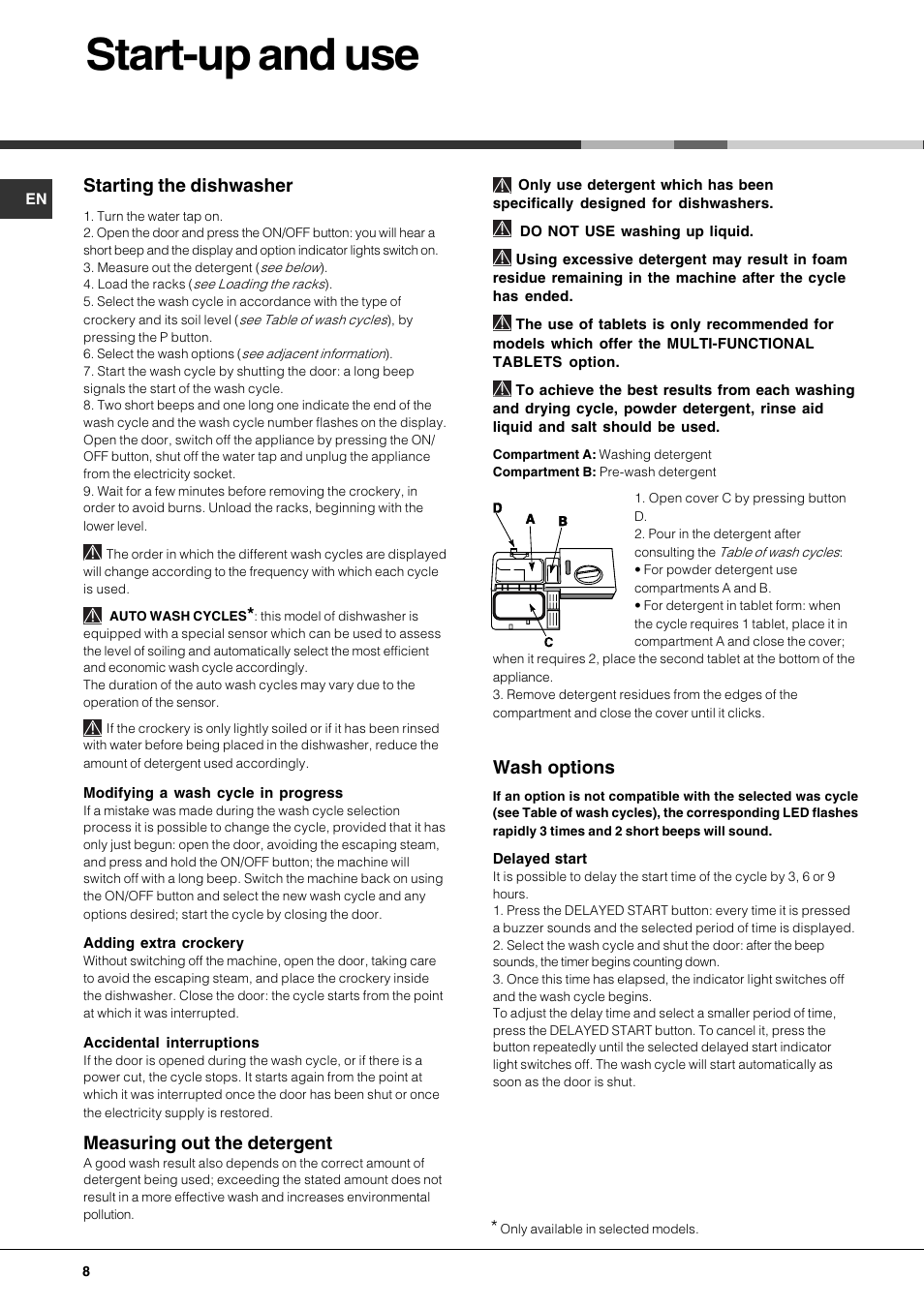 Start-up and use, Starting the dishwasher, Measuring out the detergent | Wash options | Hotpoint LFT 321 User Manual | Page 8 / 20