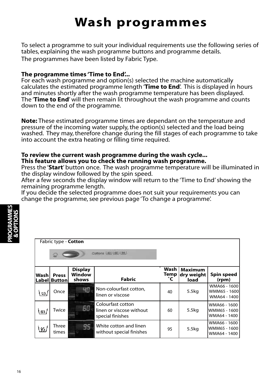 Wash programmes | Hotpoint WMM65 User Manual | Page 16 / 28