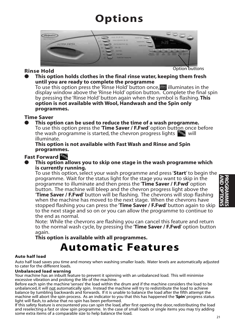 Options, Automatic features | Hotpoint WMM65 User Manual | Page 21 / 28