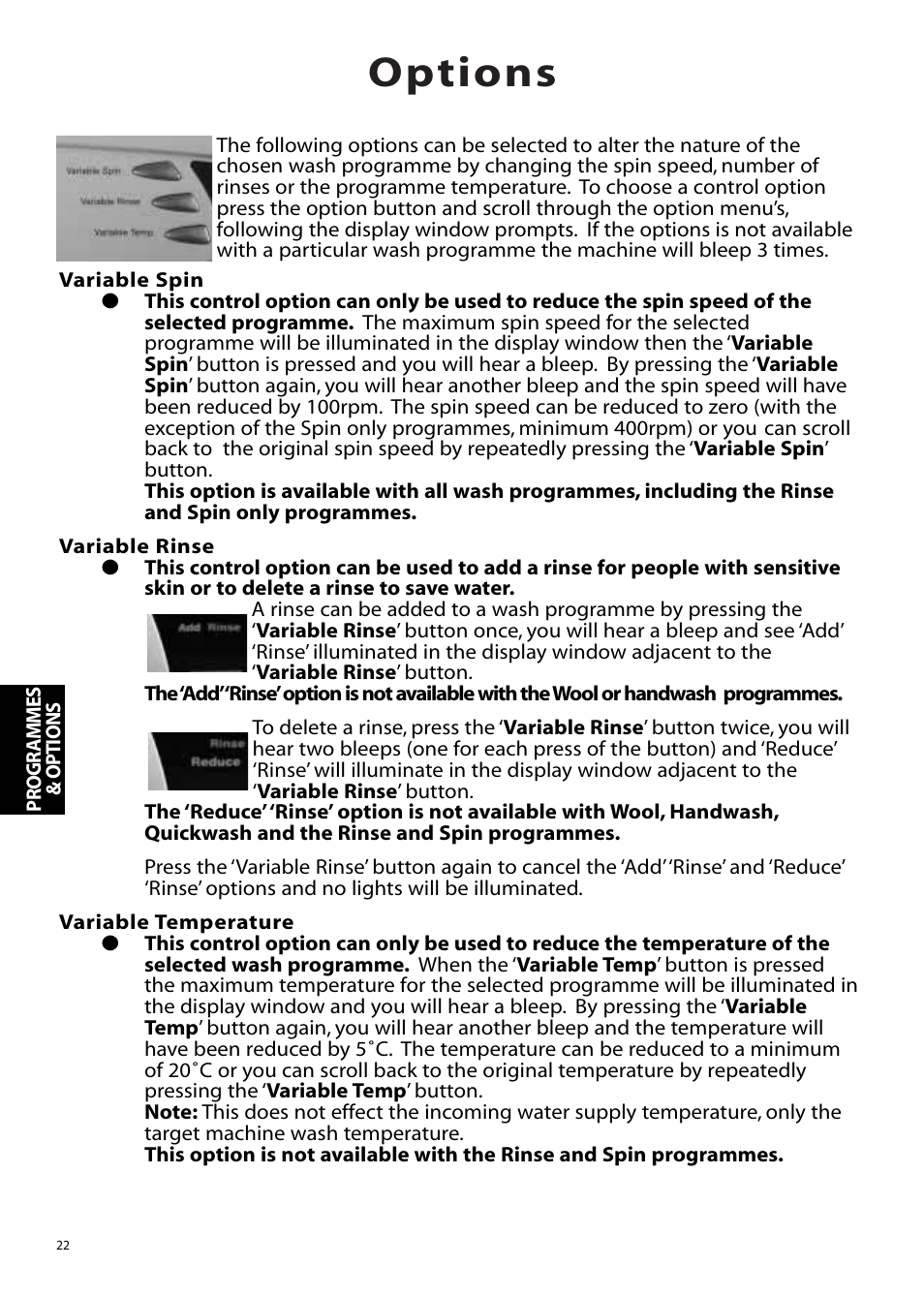 Options | Hotpoint WMM65 User Manual | Page 22 / 28