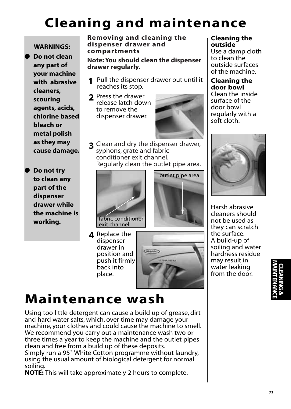 Cleaning and maintenance, Maintenance wash | Hotpoint WMM65 User Manual | Page 23 / 28