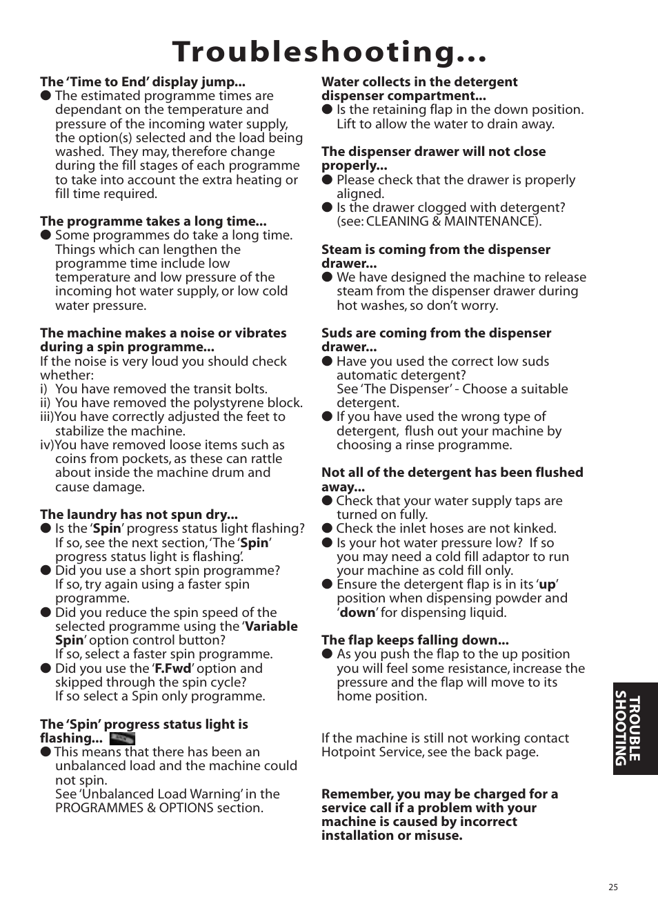 Troubleshooting | Hotpoint WMM65 User Manual | Page 25 / 28