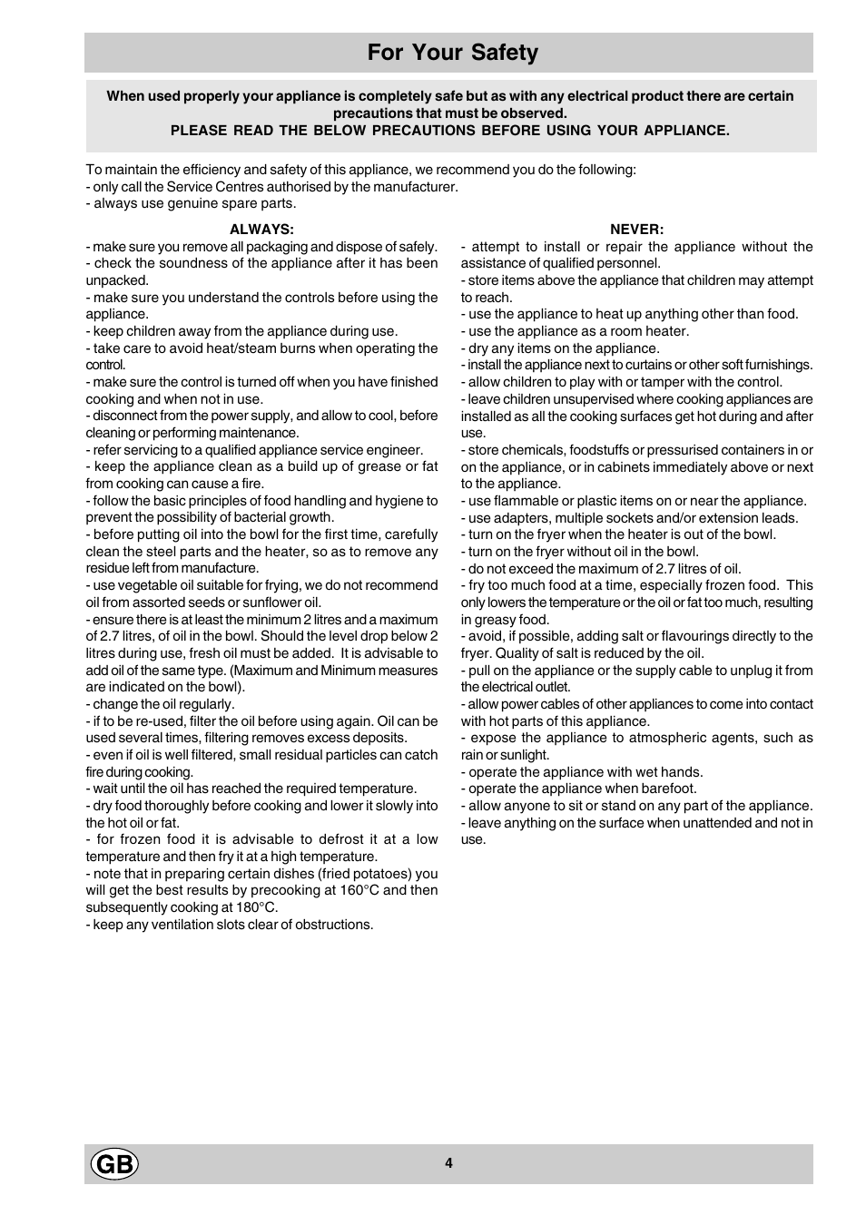 For your safety | Hotpoint E3FX User Manual | Page 4 / 12