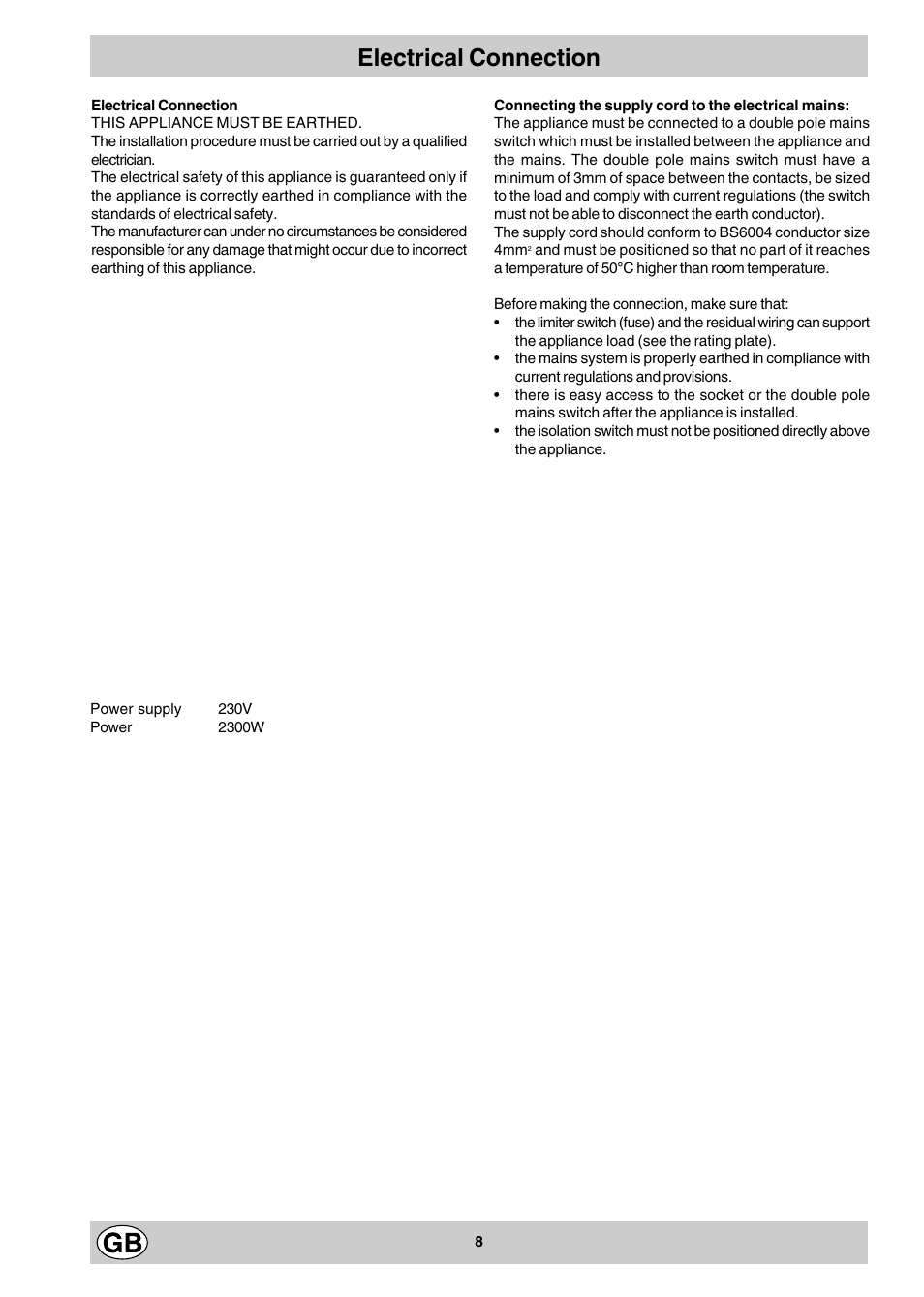 Electrical connection | Hotpoint E3FX User Manual | Page 8 / 12