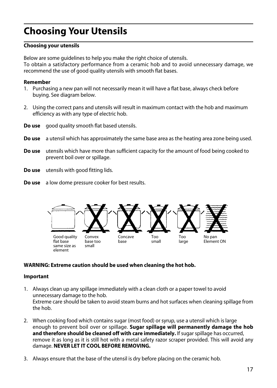 Choosing your utensils | Hotpoint 50cm User Manual | Page 17 / 32