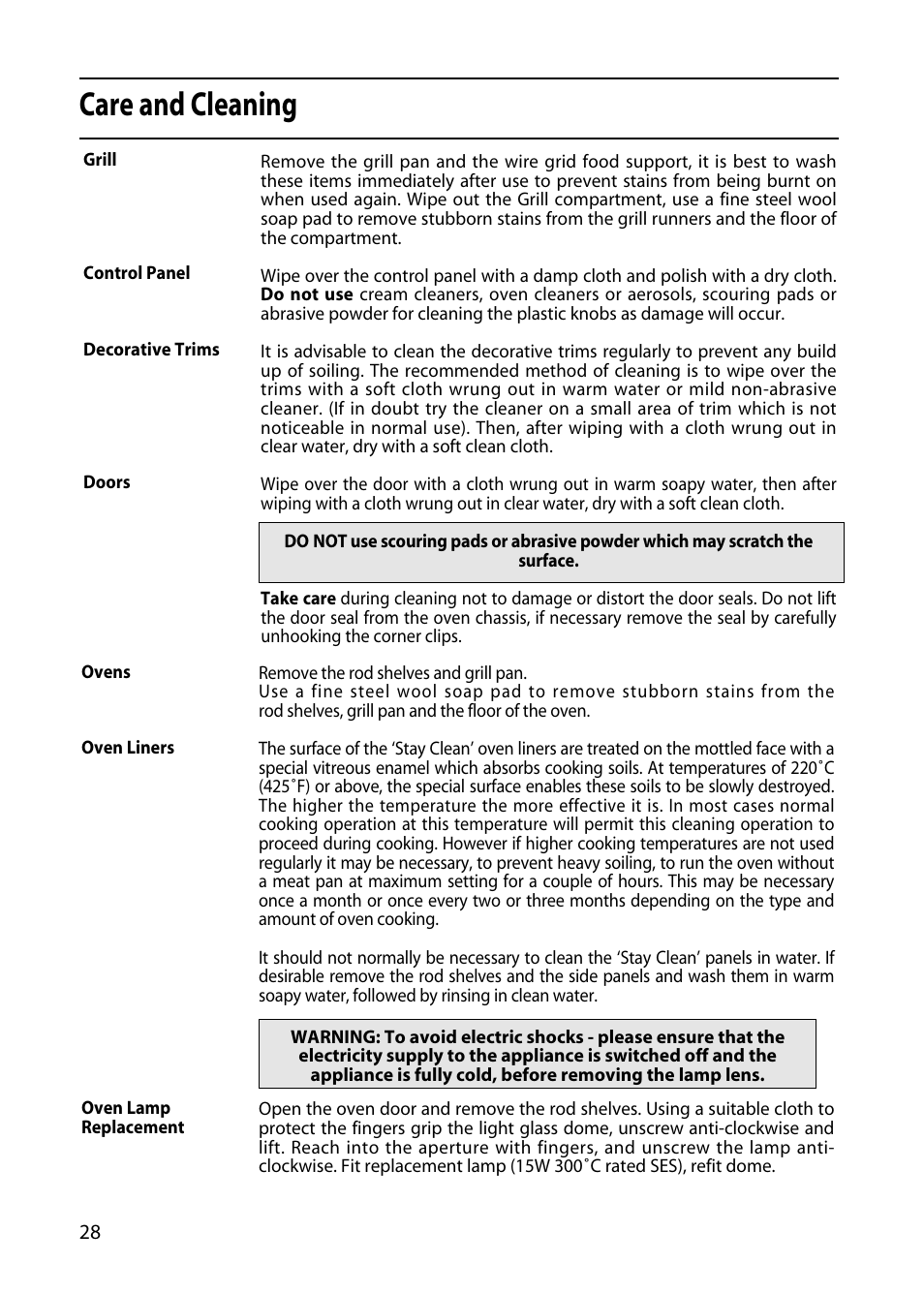 Care and cleaning | Hotpoint 50cm User Manual | Page 28 / 32