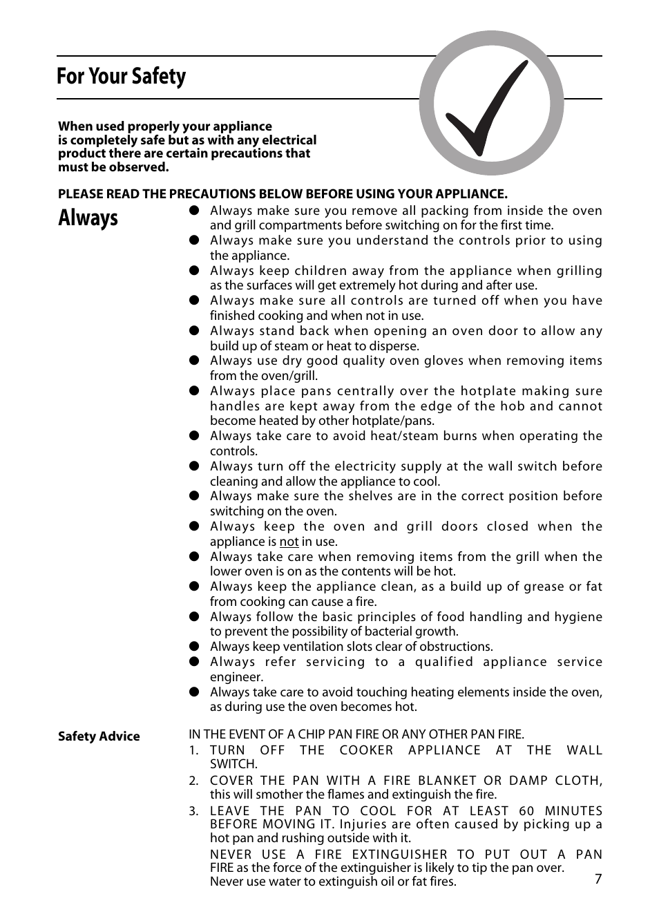 For your safety, Always | Hotpoint 50cm User Manual | Page 7 / 32