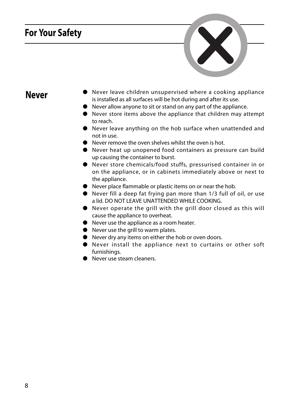 For your safety, Never | Hotpoint 50cm User Manual | Page 8 / 32