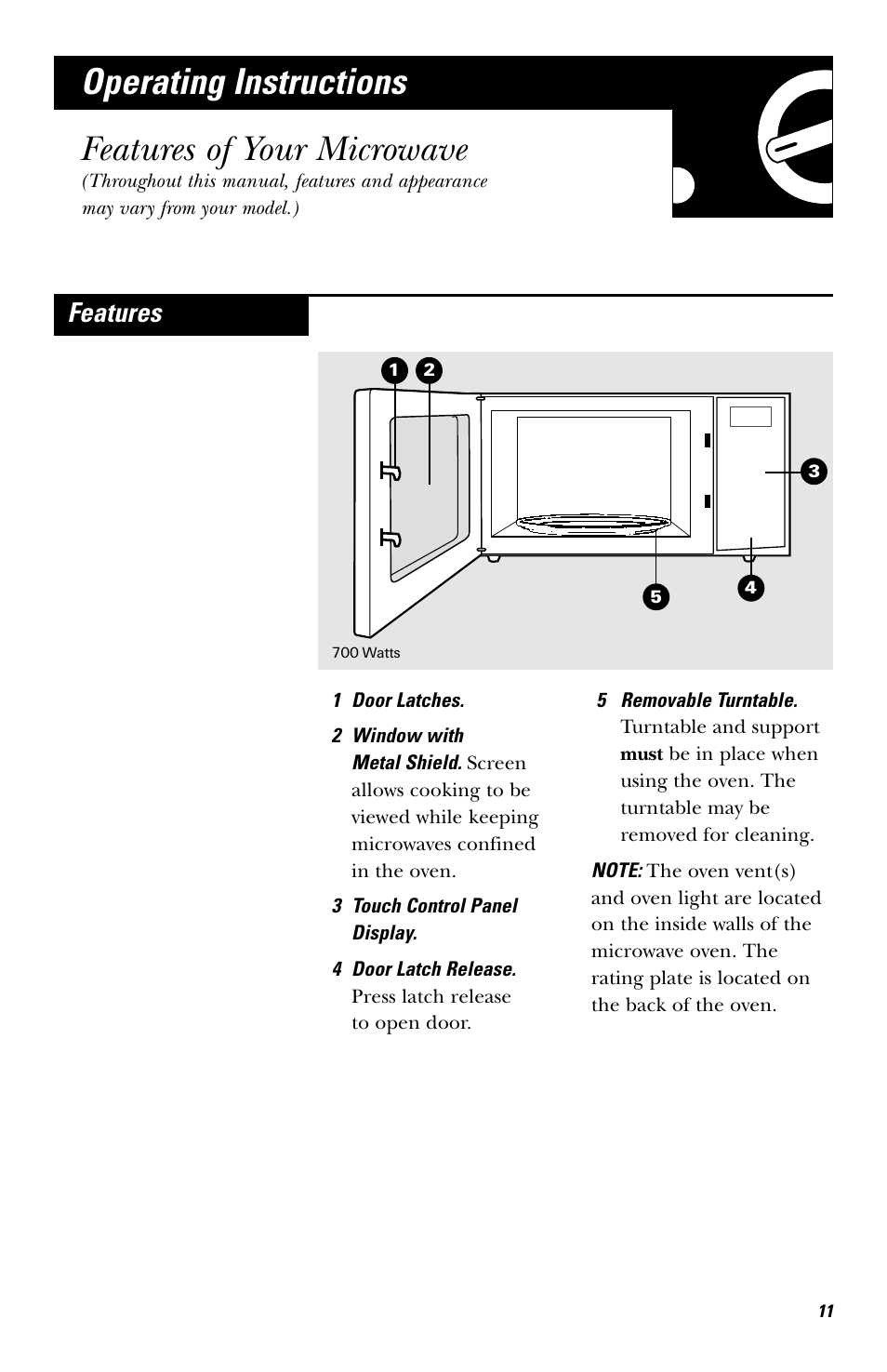 Operating instructions, Features of your microwave, Operating instructions features of your microwave | Features | Hotpoint JES636 User Manual | Page 11 / 32