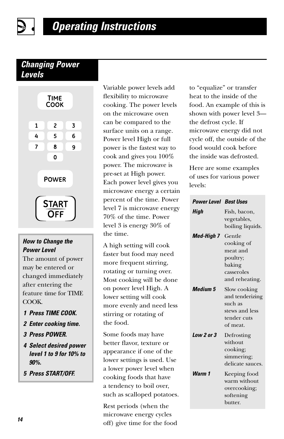 Operating instructions, Changing power levels | Hotpoint JES636 User Manual | Page 14 / 32