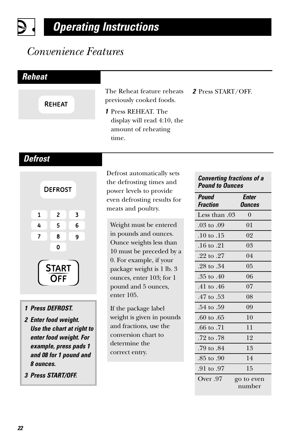 Operating instructions convenience features, Defrost, Reheat | Hotpoint JES636 User Manual | Page 22 / 32