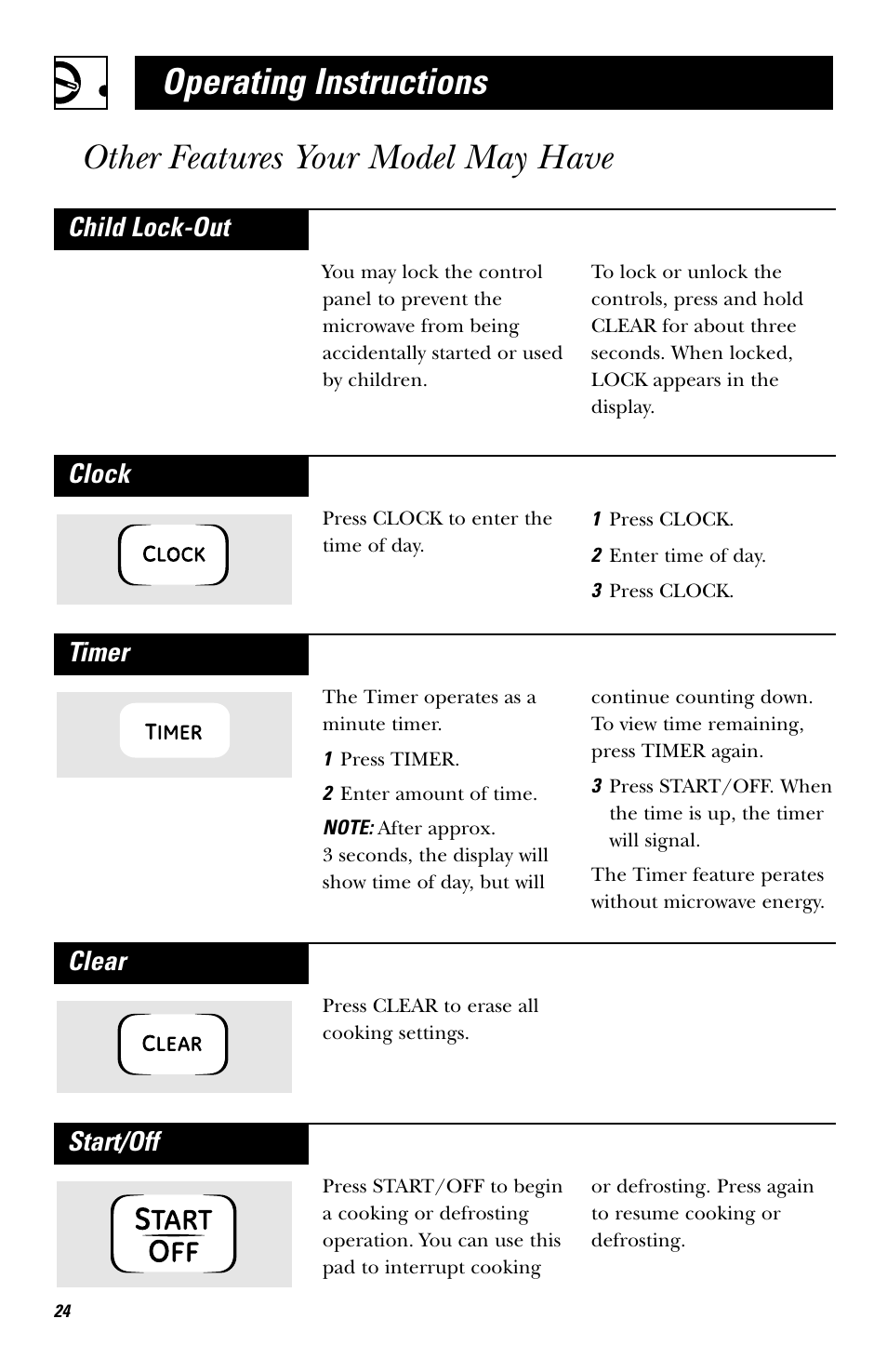 Other features, Clock, Timer | Clear, Start/off, Child lock-out | Hotpoint JES636 User Manual | Page 24 / 32