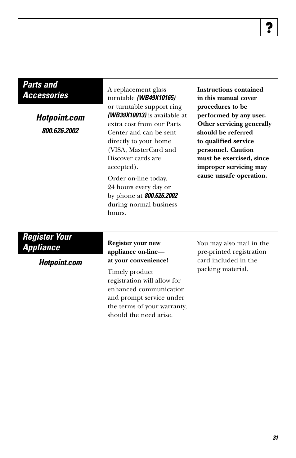 Parts and accessories register your appliance | Hotpoint JES636 User Manual | Page 31 / 32