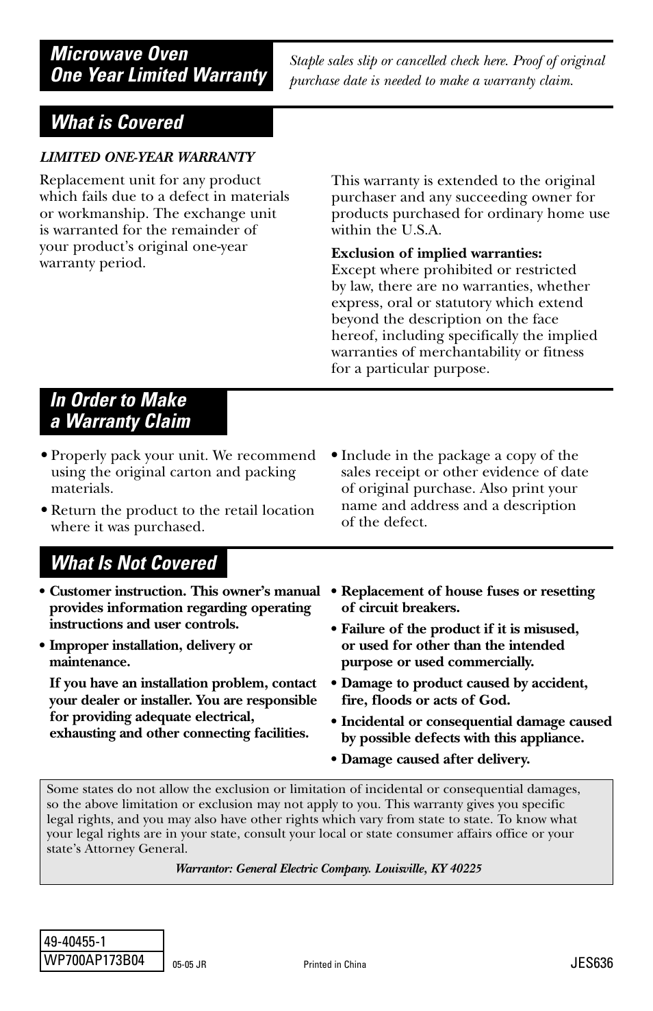 Warranty, Warranty back, Cover | Hotpoint JES636 User Manual | Page 32 / 32