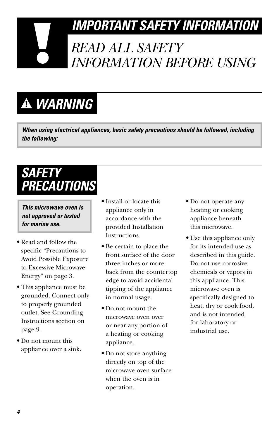 Read all safety information before using, Warning, Safety precautions | Important safety information | Hotpoint JES636 User Manual | Page 4 / 32