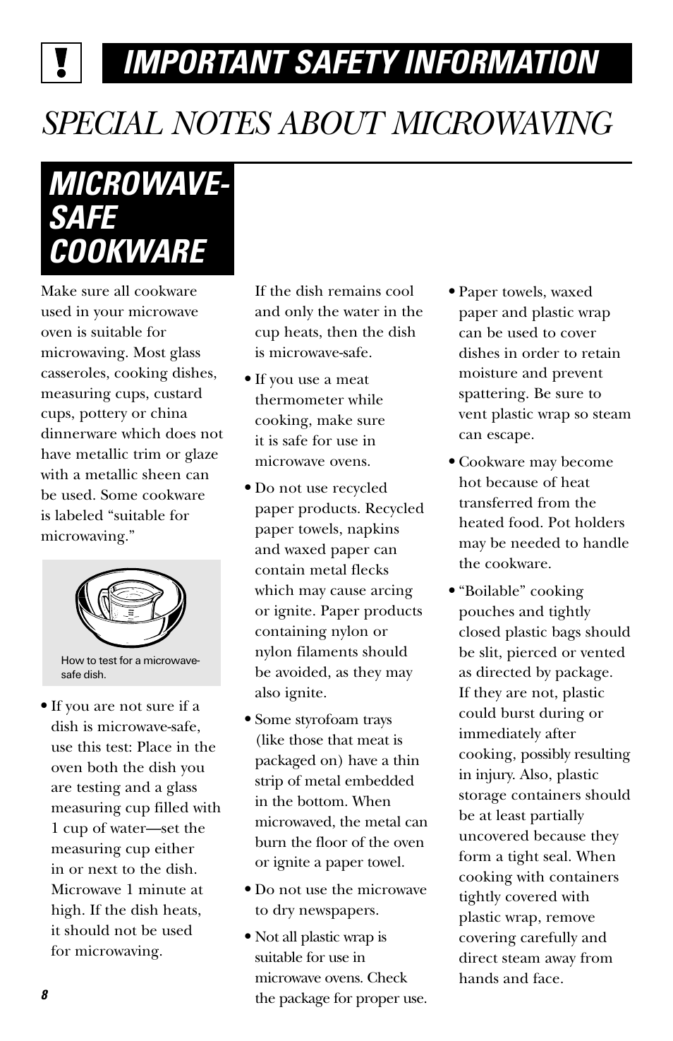 Important safety information, Microwave- safe cookware | Hotpoint JES636 User Manual | Page 8 / 32