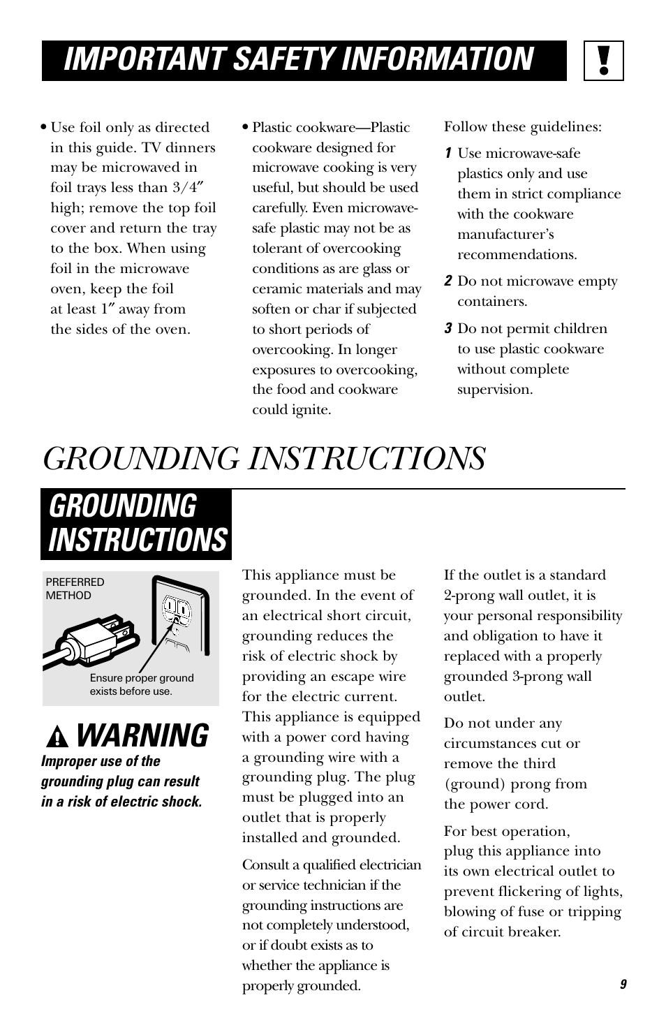 Grounding instructions, Warning, Important safety information | Hotpoint JES636 User Manual | Page 9 / 32