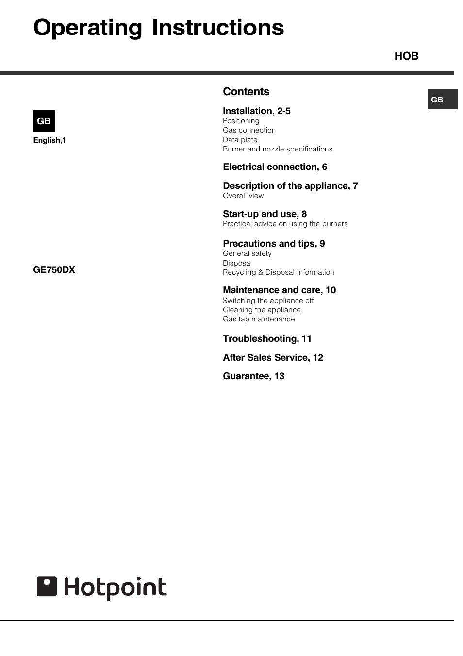 Hotpoint GE750DX User Manual | 16 pages