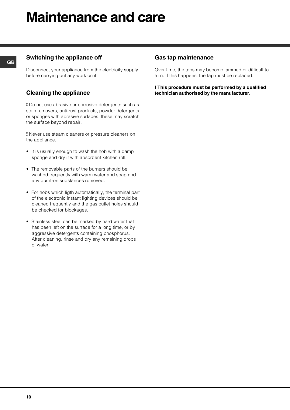 Maintenance and care | Hotpoint GE750DX User Manual | Page 10 / 16