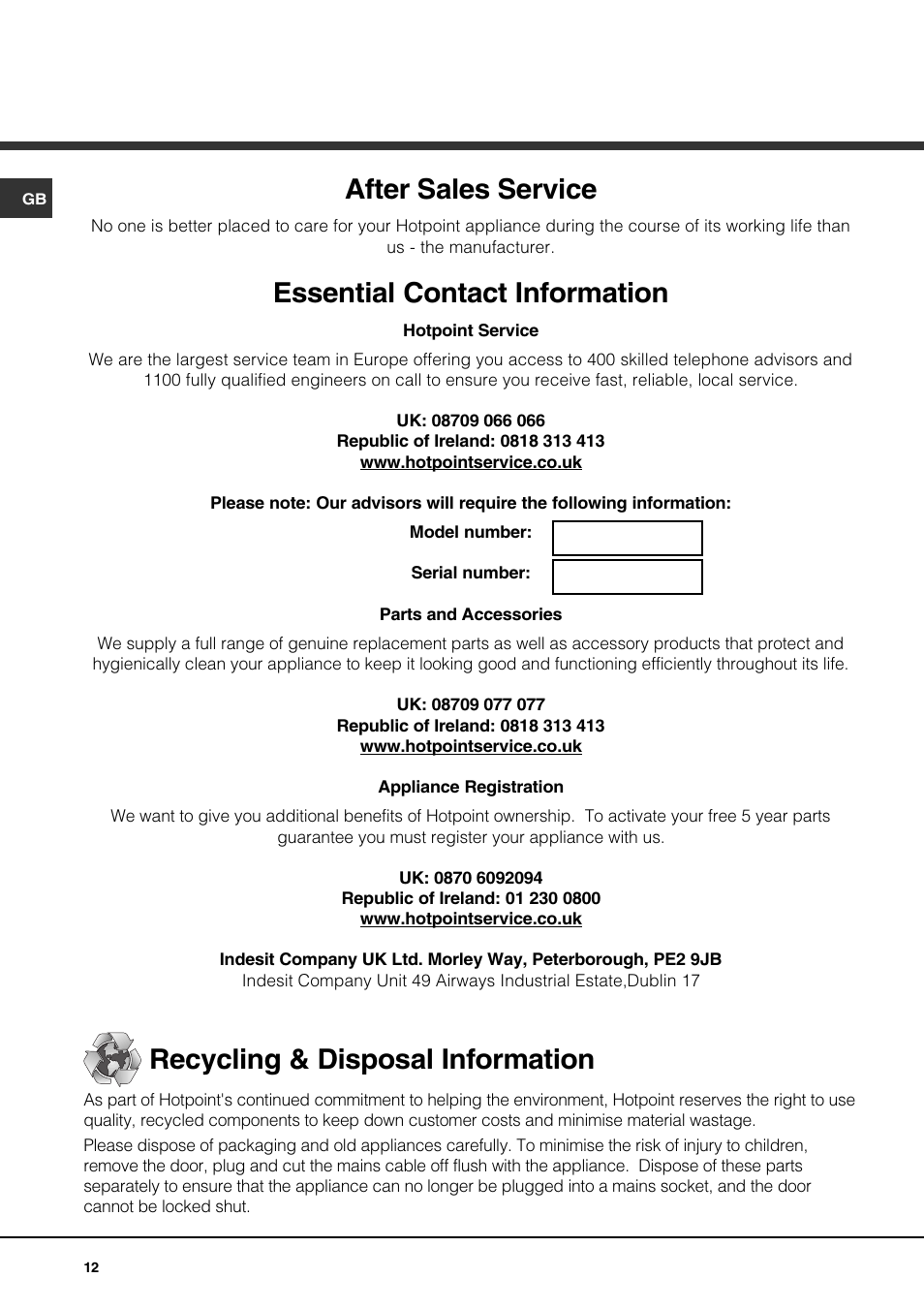 After sales service, Essential contact information, Recycling & disposal information | Hotpoint GE750DX User Manual | Page 12 / 16