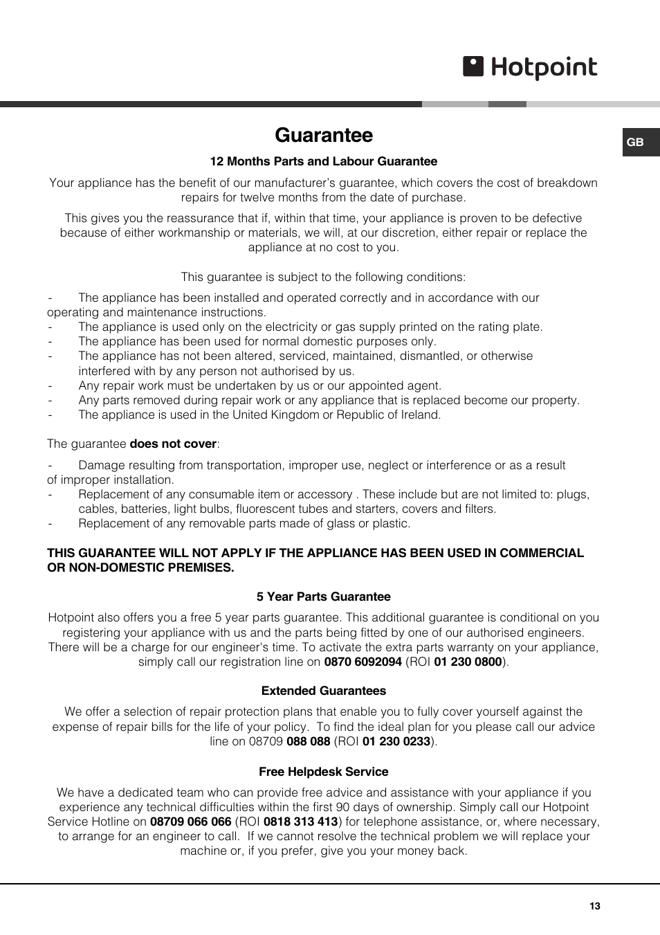 Guarantee | Hotpoint GE750DX User Manual | Page 13 / 16