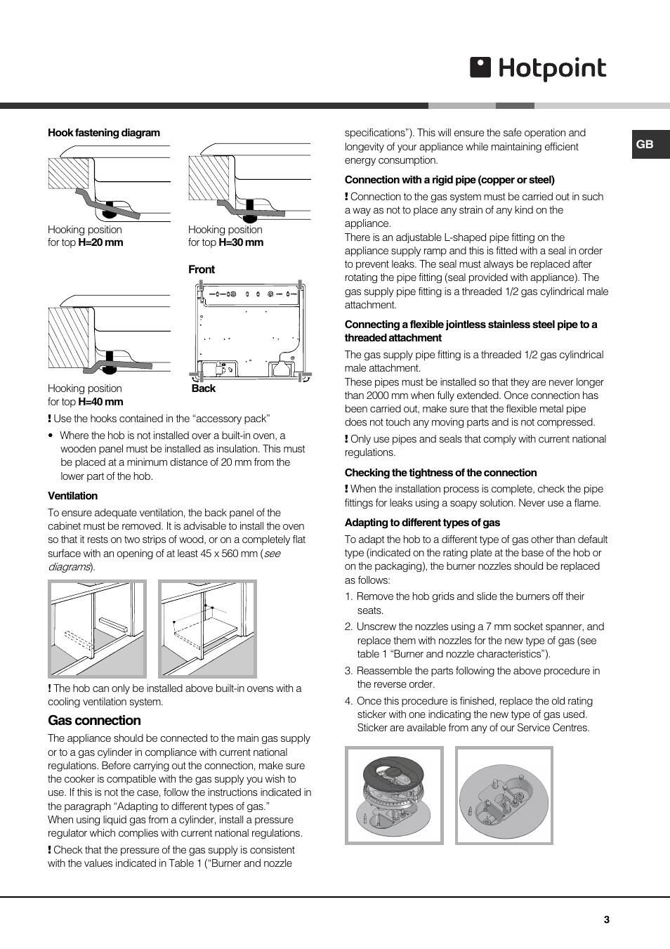 Gas connection | Hotpoint GE750DX User Manual | Page 3 / 16