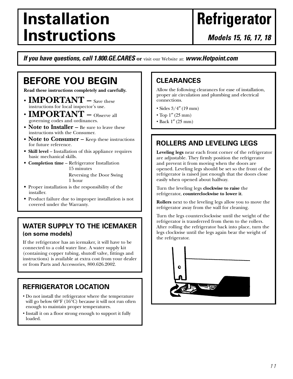 Preparing to install the refrigerator, Installation refrigerator instructions, Before you begin | Important | Hotpoint 15 User Manual | Page 11 / 32