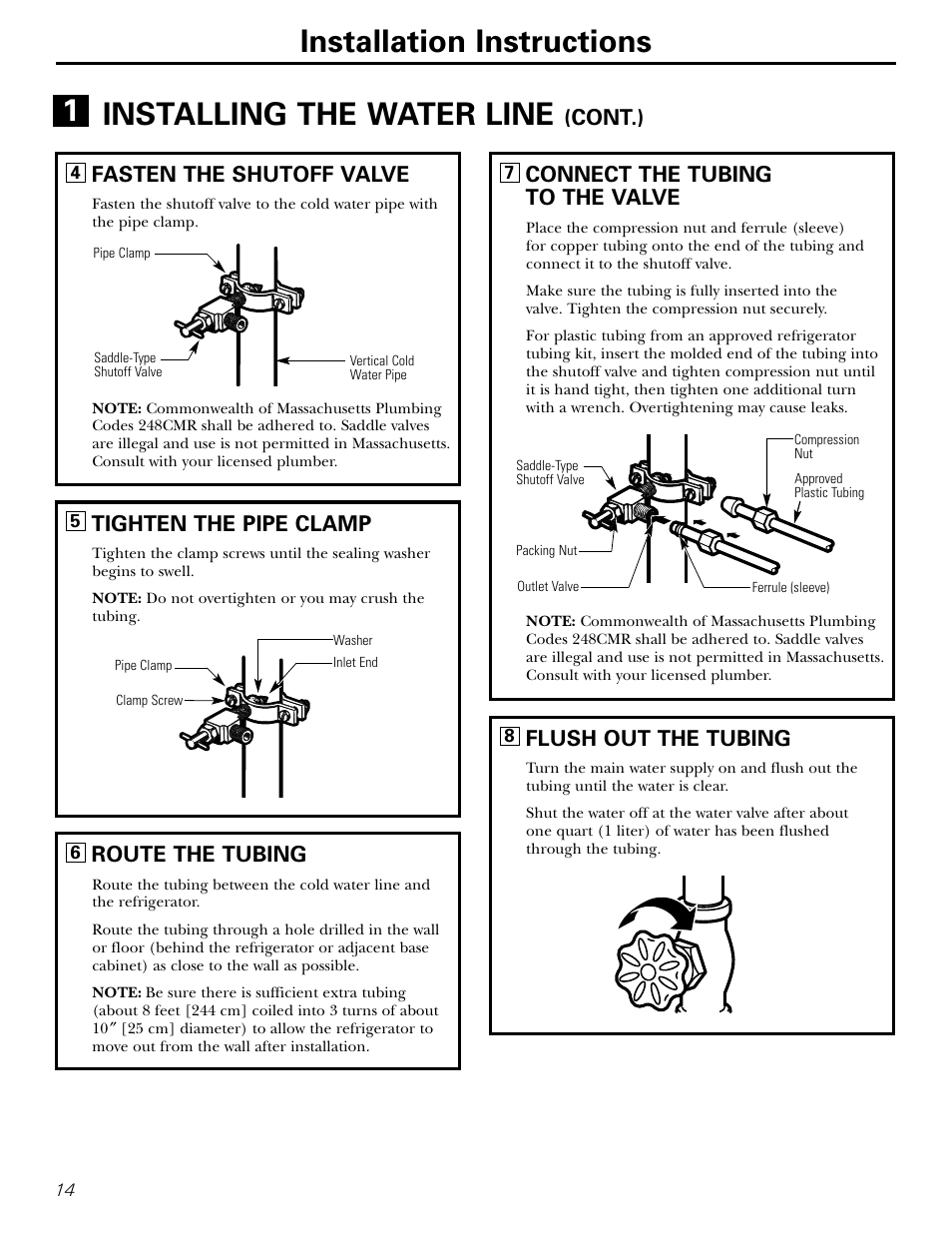 Cont.), Flush out the tubing, Connect the tubing to the valve | Fasten the shutoff valve, Tighten the pipe clamp, Route the tubing | Hotpoint 15 User Manual | Page 14 / 32