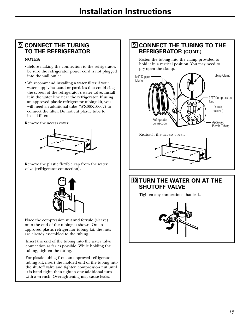 Installation instructions, Connect the tubing to the refrigerator, Turn the water on at the shutoff valve | Hotpoint 15 User Manual | Page 15 / 32