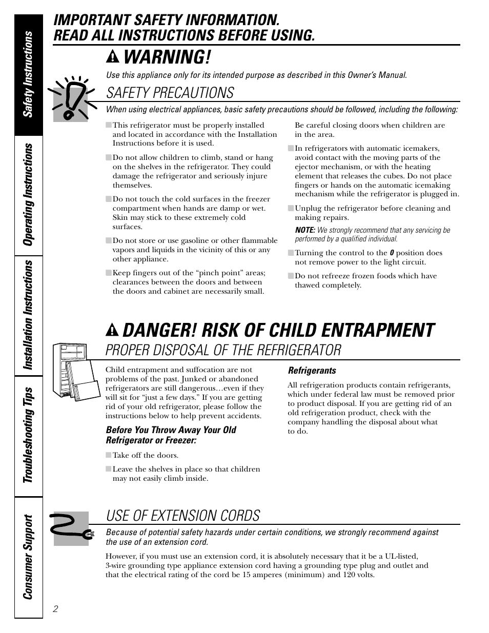 Extension cords, Safety precautions, Extension cords safety precautions | Warning, Danger! risk of child entrapment, Proper disposal of the refrigerator, Use of extension cords | Hotpoint 15 User Manual | Page 2 / 32