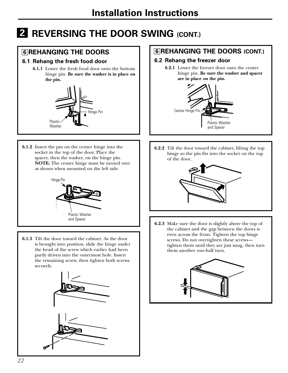 Installation instructions, Reversing the door swing, Rehanging the doors | Cont.) | Hotpoint 15 User Manual | Page 22 / 32