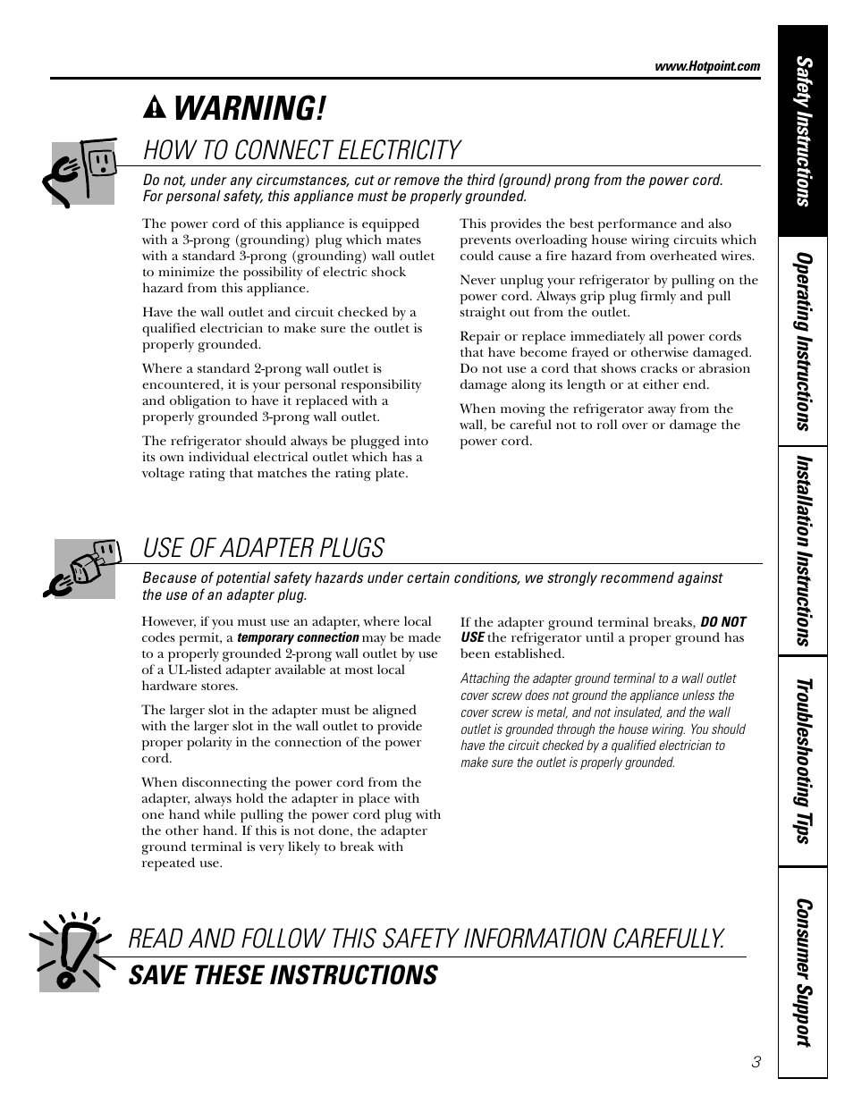 Adapter plugs, Connecting electricity, Adapter plugs connecting electricity | Warning, How to connect electricity, Use of adapter plugs | Hotpoint 15 User Manual | Page 3 / 32