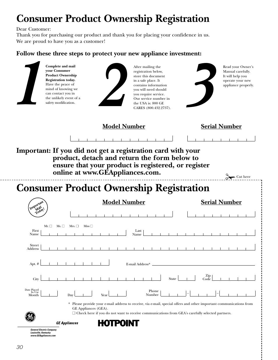 Consumer product ownership registration, Model number serial number | Hotpoint 15 User Manual | Page 30 / 32