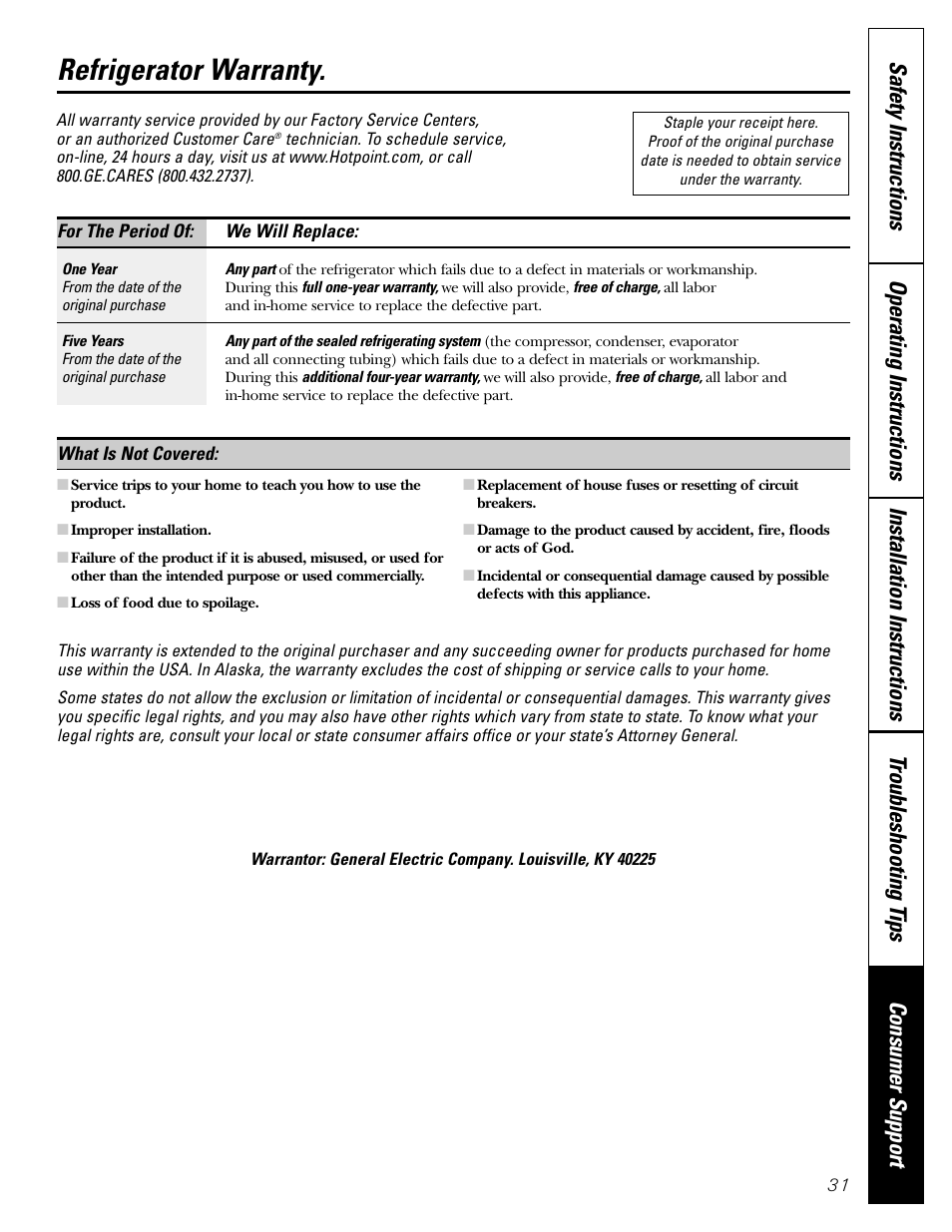 Warranty, Refrigerator warranty | Hotpoint 15 User Manual | Page 31 / 32