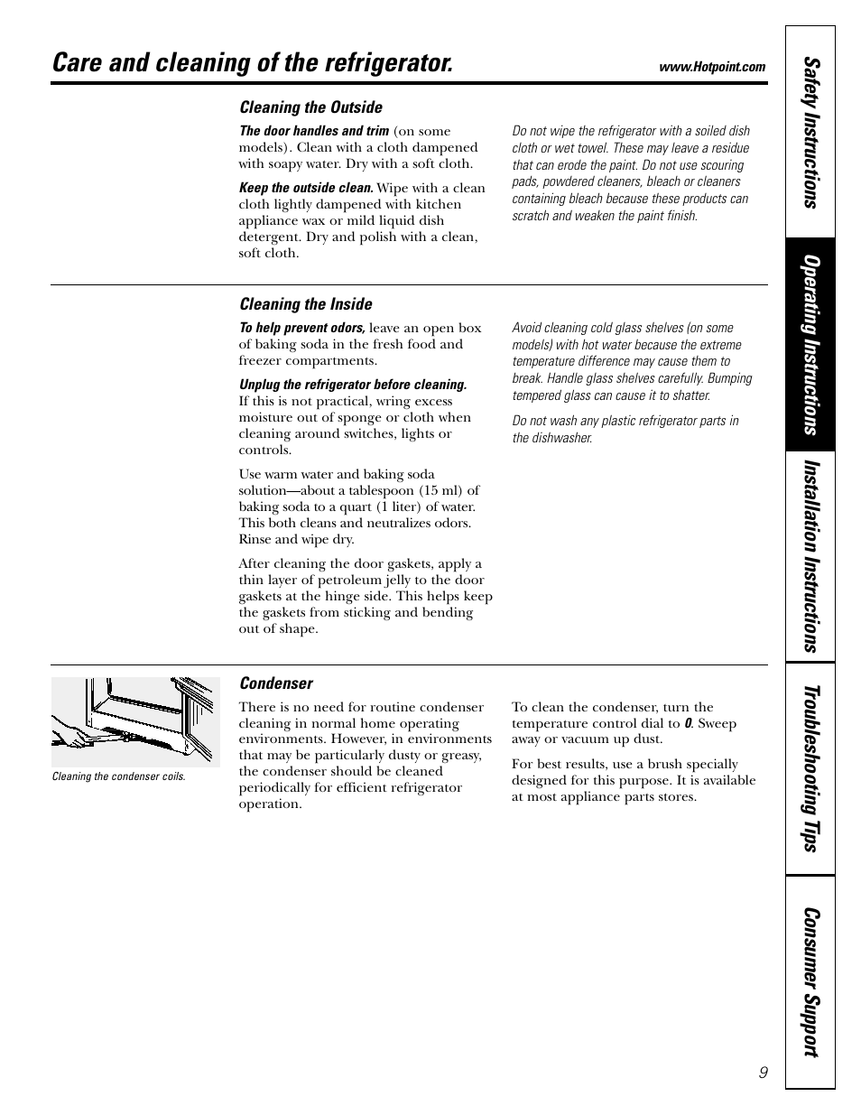 Care and cleaning, Care and cleaning , 10, Care and cleaning of the refrigerator | Hotpoint 15 User Manual | Page 9 / 32