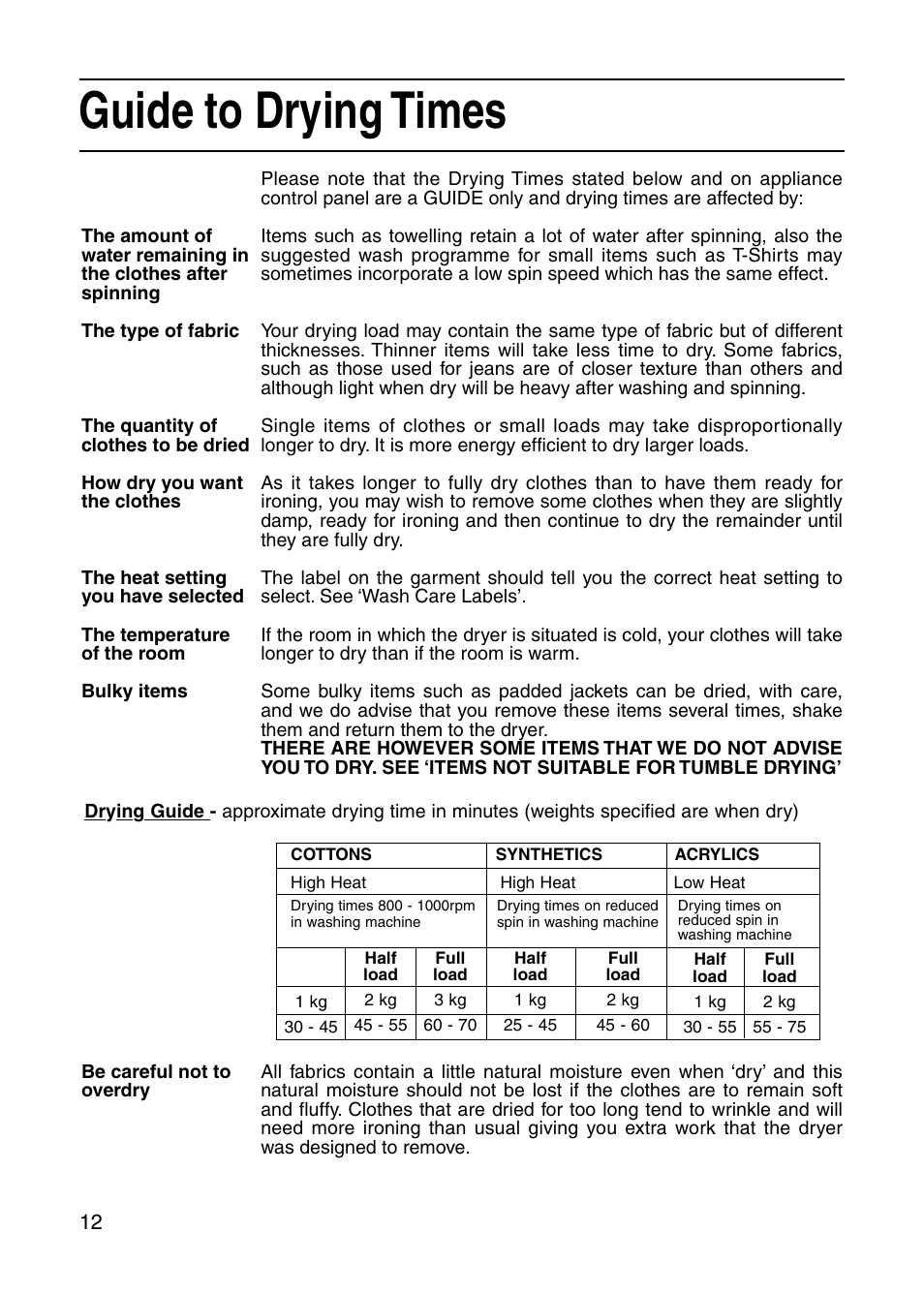 Guide to drying times | Hotpoint V3D00 User Manual | Page 12 / 16