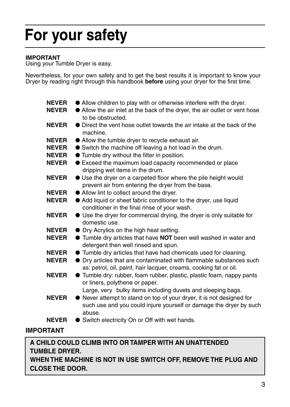 For your safety | Hotpoint V3D00 User Manual | Page 3 / 16