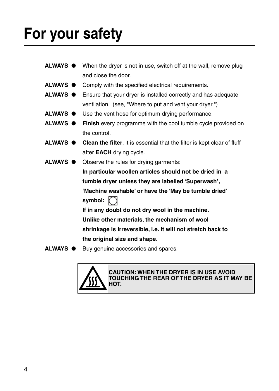 For your safety | Hotpoint V3D00 User Manual | Page 4 / 16