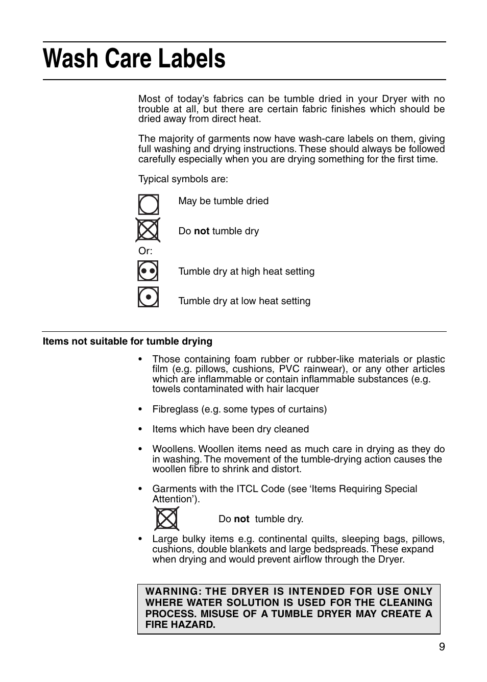 Wash care labels | Hotpoint V3D00 User Manual | Page 9 / 16