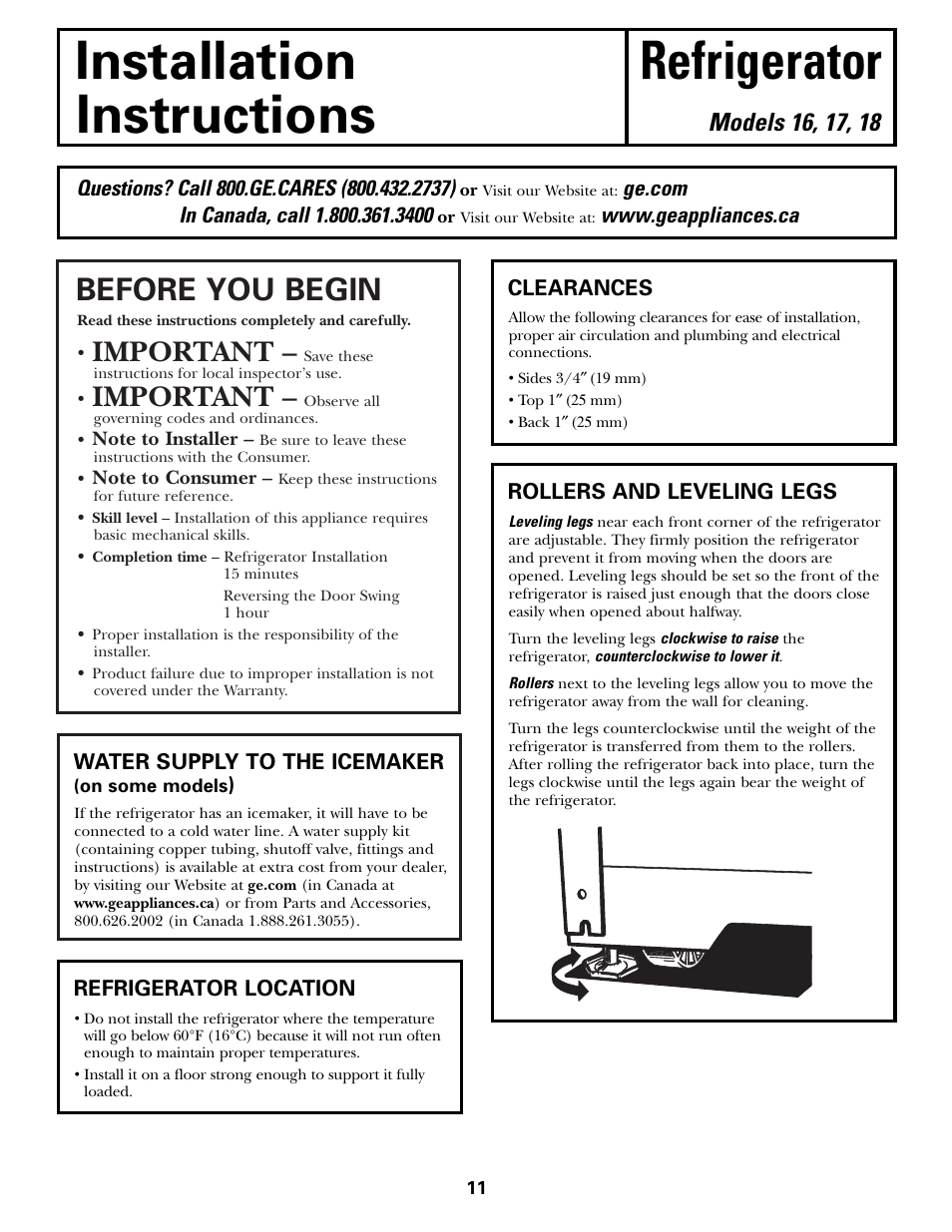 Preparing to install the refrigerator, Installation refrigerator instructions, Before you begin | Important | Hotpoint 17 User Manual | Page 11 / 88