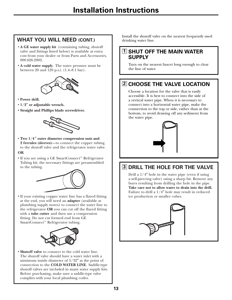 Installation instructions, What you will need, Drill the hole for the valve | Choose the valve location, Shut off the main water supply | Hotpoint 17 User Manual | Page 13 / 88