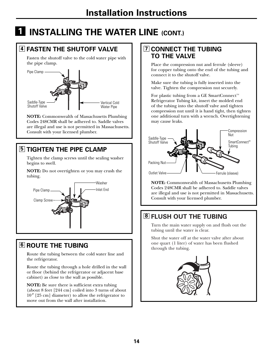 Installation instructions, Installing the water line, Flush out the tubing | Connect the tubing to the valve, Fasten the shutoff valve, Tighten the pipe clamp, Route the tubing, Cont.) | Hotpoint 17 User Manual | Page 14 / 88