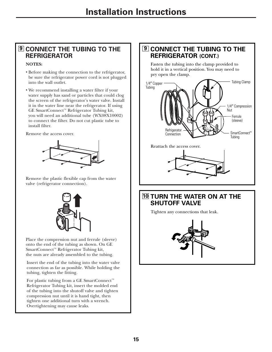 Installation instructions, Connect the tubing to the refrigerator, Turn the water on at the shutoff valve | Hotpoint 17 User Manual | Page 15 / 88