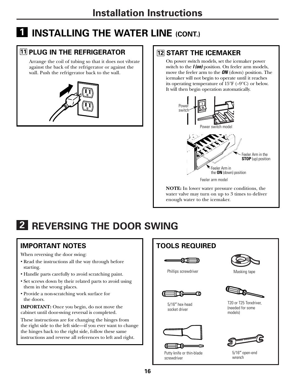 Reversing the door swing, Reversing the door swing –21, Installing the water line | Tools required, Plug in the refrigerator, Start the icemaker, Cont.) | Hotpoint 17 User Manual | Page 16 / 88