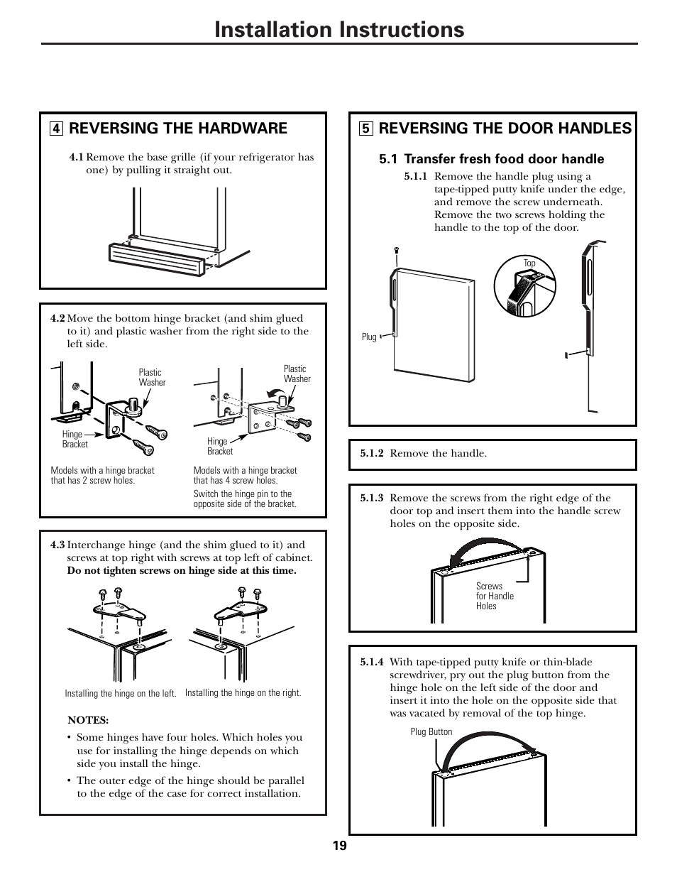 Installation instructions, Reversing the hardware, Reversing the door handles | Hotpoint 17 User Manual | Page 19 / 88