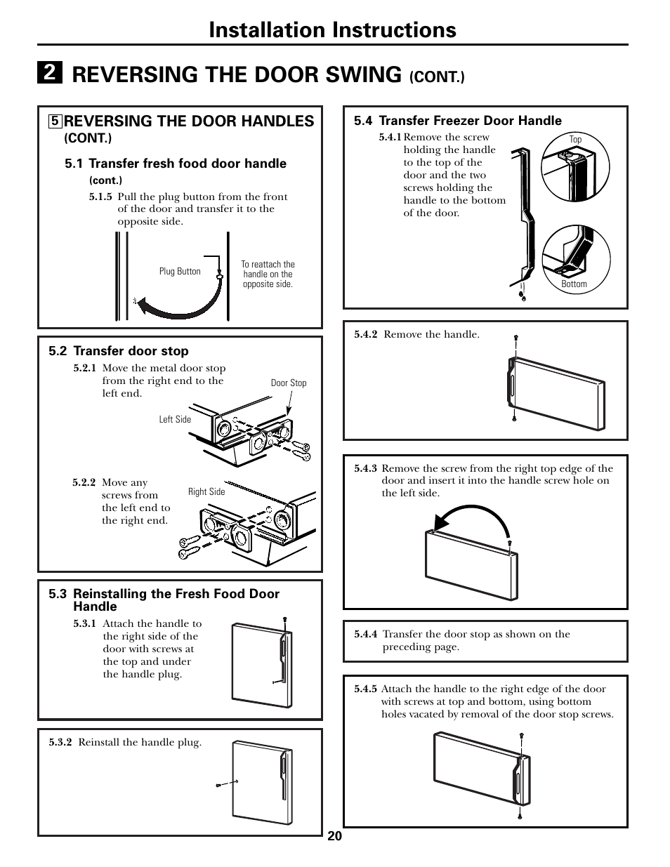 Installation instructions, Reversing the door swing, Reversing the door handles | Cont.) | Hotpoint 17 User Manual | Page 20 / 88