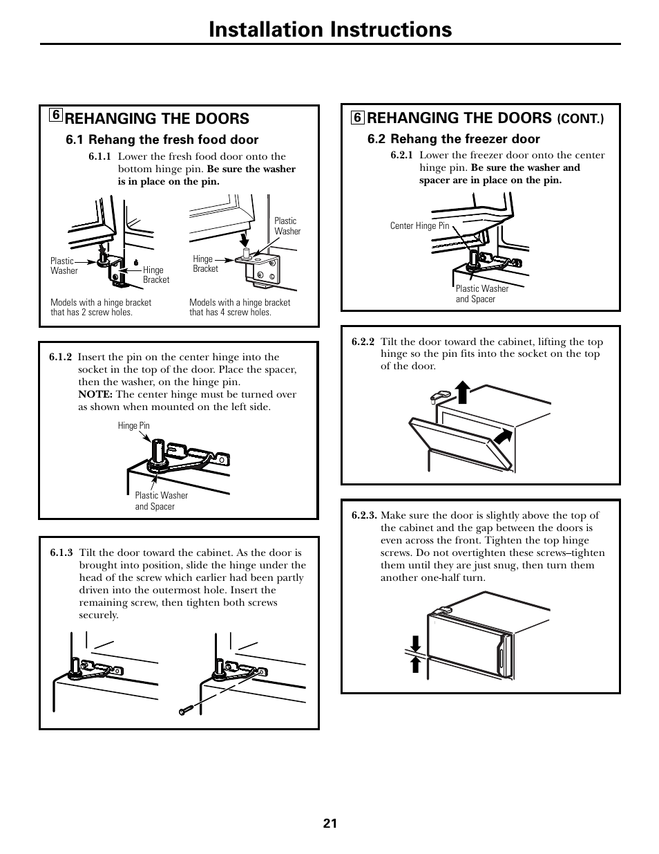 Installation instructions, Rehanging the doors | Hotpoint 17 User Manual | Page 21 / 88