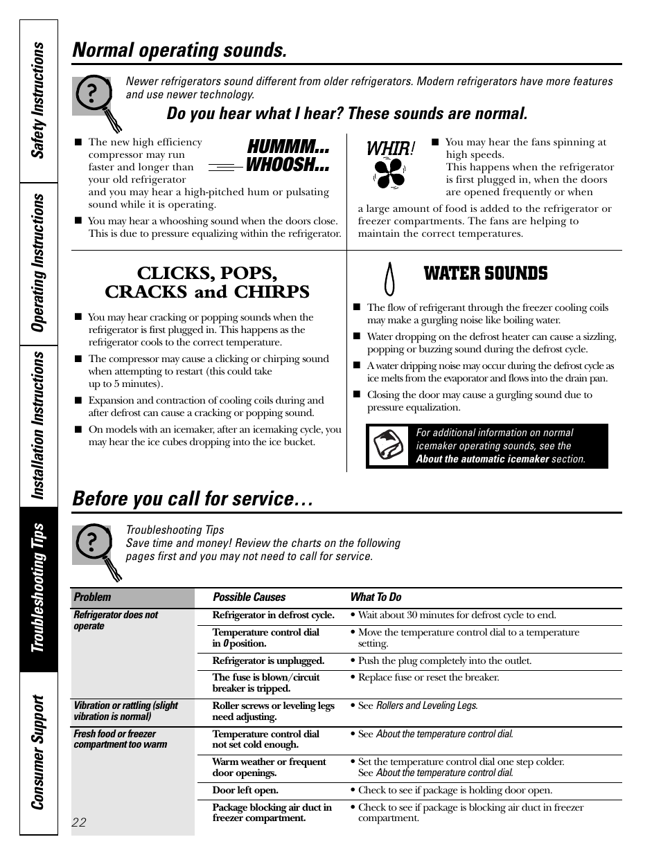 Before you call for service, Normal operating sounds, Clicks, pops, cracks and chirps | Water sounds, Hummm... whoosh, Do you hear what i hear? these sounds are normal | Hotpoint 17 User Manual | Page 22 / 88