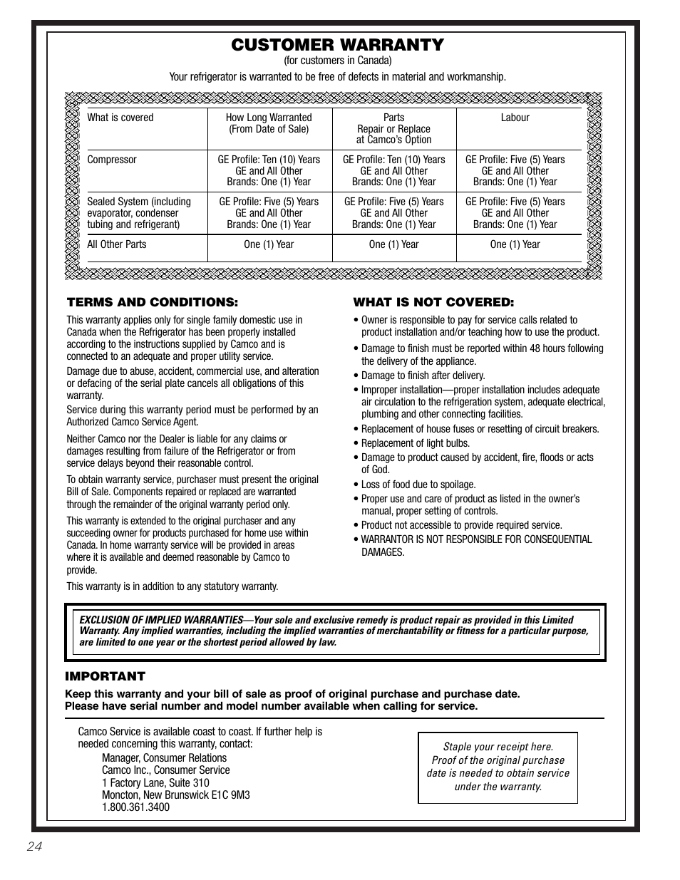 Warranty for canadian customers, Customer warranty | Hotpoint 17 User Manual | Page 24 / 88